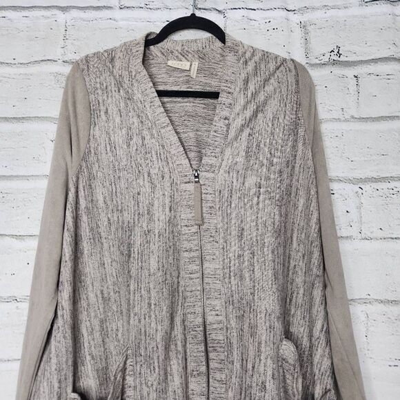 LOGO by Lori Goldstein Faux Suede Sleeve Full Zip Cardigan Tan Womens Medium - Picture 2 of 13